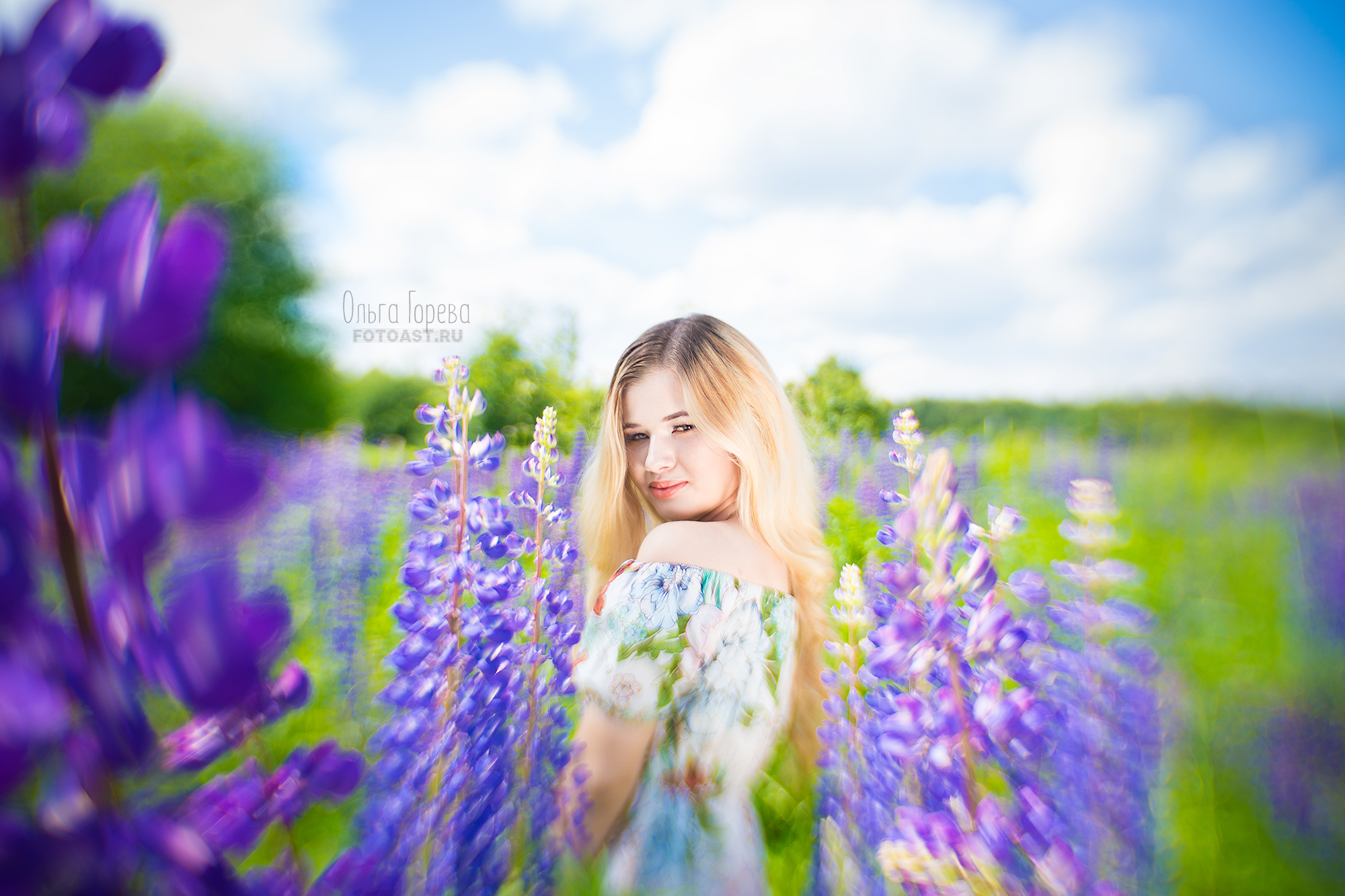 Фотосессия девушки летом в цветущих люпинах в Кирове